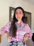 MQTIME  -  Women Pink Plaid Lace Shirt Top Leisure Long Sleeved Single Breasted Lapel Lady Summer Blouses Casual Streetwear French Style