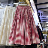 MQTIME  -  Elastic high waisted red and white checkered skirt with irregular splicing, large swing A-line skirt, medium length skirt