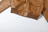  MQTIME  -  Fashion Retro Lapel Short Leather Jacket Women Full Sleeve Zipper Pocket Cropped Jackets Lady Daily Highstreet Outerwear