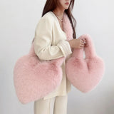 Mqtime Y2k Hot Girls Fluffy Shoulder Bags Love Heart Female Pink Plush Handbags Large Capacity Women's Faux Fur Crossbody Bag Tote