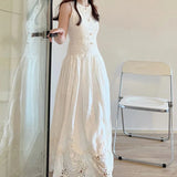 MQTIME  -  French White Lace Embroidery Midi Dress Summer V Neck Sleeveless High Wais Holiday Dresses For Woment Party Robe Clothing J114