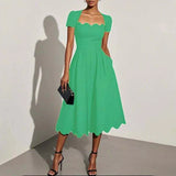 MQTIME  -  Elegant Wave Square Collar A-Line Long Dresses Woman Spring Solid High-waisted Office Dress Summer Short Sleeve Loose Boho Dress