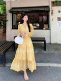 MQTIME  -  Women Print Yellow Mid-calf Dress Deep V Ruffles Flared Sleeve Spring Autumn Female Elastic High Waist Robe