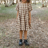  MQTIME  -  Vintage Brown Plaid Girls' Bubble Sleeved Dress Summer New Cute Baby Girl Round Neck Waist Pleated Loose Dresses
