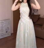 MQTIME  -  French Sweet Apricot Three-dimensional Flower Princess Sleeveless Dress Fairy Spring and Summer New Slim Waist Long Skirt Women