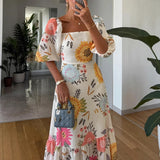 MQTIME  -  Elegant Square Neck Bubble Sleeve Long Dress Women Fashion Patterns Print Bohemian Dress Summer Casual Waist A-Line Party Dress