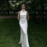 MQTIME  -  Swing Collar Temperament Dress Backless Pearl Chain Elegant Trendy Dresses Summer Women Vacation Evening Gown Bridesmaid