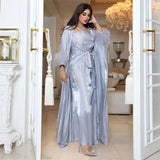 Mqtime Luxury Satin Evening Party Gown Muslim Open Abaya Dress Wrap Skirt 3 Piece Set Shiny Dubai Islam Vestido Moroccan Caftan Outfits