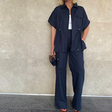 MQTIME  -  Summer Elegant Button Wide Leg Suit Casual Short Sleeve Shirt & Long Pant Outfits Women Fashion Lapel Solid Loose 2Pc Sets