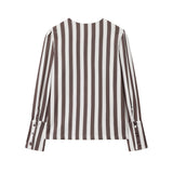 MQTIME  -  Autumn New Female Chic Blouse Women's Loose Fit Striped Print Shirt O-neck Puff Sleeve Single Breasted Simple Casual Top