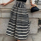 MQTIME  -  Spring Fall Casual Big Swing Party Skirt Fashion Striped Printed Half Skirt For Women Elegant Hight Waist Draped Bohe Long Skirt