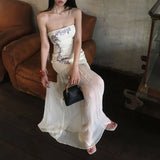 MQTIME  -  Gentle Floral Embroidery Strapless Maxi Dress Summer Slim Bodice Women Sheer Patchwork Vacation Wedding Guest Evening Long Dress