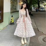 MQTIME  -  2024 Large Spring French Vintage Sweet Fragmented Flowers High Waist Slimming Chiffon Embroidered Dress Long sleeved Long Skirt