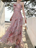 MQTIME  -  Woman Dress Sexy Elegant Sleeveless Floral Printed Spring Fashion Irregular Ruffles Holiday Hollow Out Backless Dresses