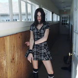 MQTIME  -  Gothic Dark Style Plaid Turn Down Collar Short Sleeve Single Breasted Vintage Ropa Mujer