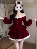  MQTIME  -  Winter Christmas New Year Red Slim Dress Women Fashion Elegant Off Shoulder Velvet Dresses Vintage Warm Bow Design Full Dress