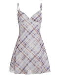 MQTIME  -  Y2k Plaid Gauze V Neck Spaghetti Strap Sexy Backless Patchwork Short Women's Dress