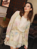  MQTIME  -  Fashion Printed Patchwork Short Dresses Women Elegant Long Sleeve Hollow High Waist Belt Mini Dress Lady Summer Chic Caual Robe