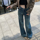 Mqtime Korean Retro Splicing Loose Casual Jeans Y2K Women Autumn New High Waist All Match Washed Denim Wide Leg Pants