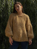 Mqtime Female Chic Sequins Solid Knitted Sweater Autumn O-neck Lantern Sleeve Loose Pullover Jumper Women Fashion Loose Warm Knitwear