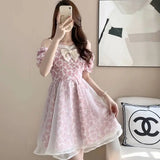 MQTIME  -  French sweet floral bubble sleeved dress for women's 2024 summer new backless hollow out bow puffy skirt short