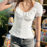 MQTIME  -  Basic Summer Solid U Neck Short Sleeve Single Breasted American College Girls Slim Top Female
