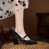 MQTIME  -  Vintage Pearl Buckle Thick-Heeled Silk Satin High Heels Mary Jane Shoes for Women Chunky Heels Pumps Woman Shoes Fat Wide Feet