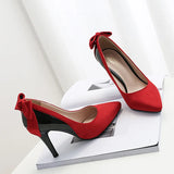 MQTIME  -  Bow Pointed Toe High Heel Pumps Suede Patent Leather Women Shoes