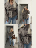 MQTIME  -  Women's Brown White Houndstooth Short Trench Coat Belted Waist Wide Lapels Full Sleeve Jacket 2025 Autumn Lady Stylish Outerwear
