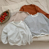  MQTIME  -  Spring Kids Basic Tee Unisex Striped Long Sleeve T-Shirt Soft Cotton Round Neck Casual Top