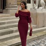 MQTIME  -  Women Burgundy Knit Long Skirt Sets Elegant Slash Neck Full Lantern Sleeve Top Maxi Skirts Outfit 2024 Autumn New Two Piece Set