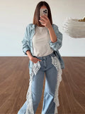 MQTIME  -  Y2k Women Light Blue Lace Denim Wide-leg Jeans High Street Stylish for Daily Wear Elegant Fashion Denim Pants Dragging Casual