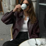 MQTIME  -  Casual Pu Leather Jackets Women Loose Zipper Lapel Long Sleeves Coats Female Autumn Winter Solid Cool Streetwears Lady