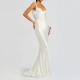MQTIME  -  Summer Off Shoulder Suspender Satin Robe Dress Simple Solid Color Slim Fit Women's Wedding Dress Elegant Backless Party Dresses