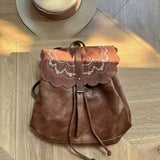  MQTIME  -  Maillard Style PU Leather American Retro Sweet Floral Large Capacity Backpack Traveling Bag Schoolbag Woman Bag