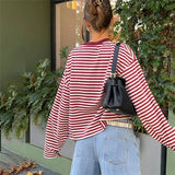 MQTIME  -  Fall Women's Stripe Loose Casual T-shirt O-Neck Long Sleeve Contrast Color Patchwork Straight Fit Top Fashion Streetwear