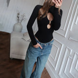 MQTIME  -  Female Fitness Tops Tee Hollow Out High Collar Fashion Sheath Sexy Club Rompers Solid Long Sleeve Casual Women Bodysuits