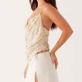 MQTIME  -  Women Summer Flower Embellished Sequin Beading Camisole Top Cowl Neck Thin Straps Open Back Asymmetrical Hem Vest