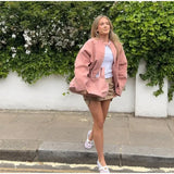 MQTIME  -  Street Suede Pink Women Jacket Fashion Long Sleeve Zipper Stand Collar Button Female Jackets Autumn New Lady Outwear