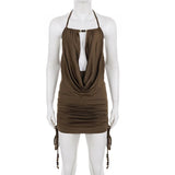 MQTIME  -  Women Summer Holiday Solid Beading Lace Up Halter Backless Mini Dress Sexy Swinging Collar Drawstring Ruched Bodycon Clubwear