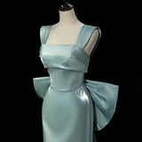 MQTIME  -  Simple Mint Green Satin Women's Mermaid Evening Dresses Big Back Bow Long Train Sleeveless Formal Evening Party Gown