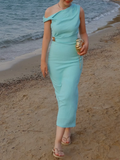  MQTIME  -  Women's Solid Color Sleeveless Asymmetrical Maxi Dress Slim Fit Sexy Pleated Chic Summer Fashion Holiday Style with Slit