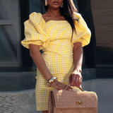 MQTIME  -  Summer Square Collar Evening Dress Elegant Lady Slim Wrap Hips Dress 2025 New Fashion Checkered Printed Puff Sleeve Short Dress