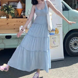 MQTIME  -  Two-piece Suit Women's Pink Gentle Suspender Dress Women's Summer New Vacation Style Seaside Fringed Blouse