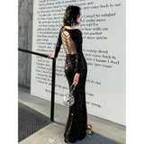 MQTIME  -  Sexy Black Mermaid Banquet Dress Deep V-Neck Beading Backless High Slit Floor Length Formal Evening Dresses Maxi Vestido