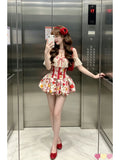 MQTIME  -  French Floral Print Two Piece Set Off Shoulder Lace Ruffle Bow Slim Fit Crop Top Bubble Mini Skirt Women Sexy Summer Party Wear