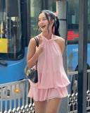 MQTIME  -  Elegant Pink Halter Dress Women Fashion Sleeveless Backless Layered Ruffle Loose Dresses  Summer Lady Beach Vacation Robes