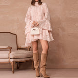 MQTIME  -  Elegant Lace-up Pure Color Ruffle Short Dress Spring Summer Women Loose Swing Dress French Style Half High Collar Jacquard Dress