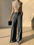 MQTIME  -  Women's Grey Business Casual Suit Pants 2025 New Fashion Elastic High Waist Wide Leg Loose Pleated Belt Trousers Bottoms