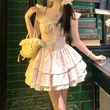 MQTIME  -  French Style Women's Dress Flying Sleeve Summer Patchwork Lace Short Dress Princess Ball Gown Girl Party Dress